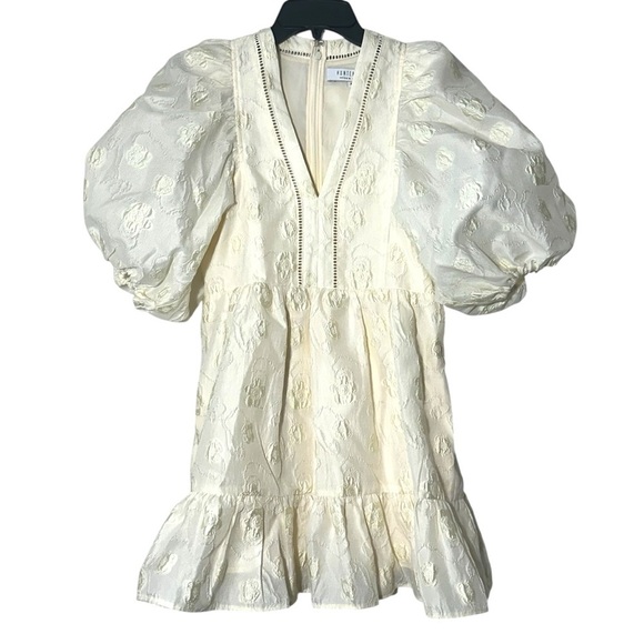 Hunter Bell Gaille Mini Dress Jacquard Ivory Flowers size XS Puff Sleeve Bridal - Picture 7 of 16